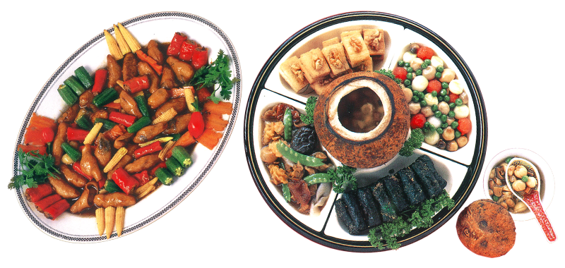 (From left) 双雄豪杰 (Stuffed Hot Chillies with Crunchy Gluten) and 金玉满堂 (Coconut Soup with Four Snacks). Images reproduced from Shi Chin Yam, Top 100 Vegetarian Delights (Singapore: Man Fut Tong Old People’s Home, 1998), 79, 88. (From National Library, Singapore, call no. RSING 641.5636 SHI).